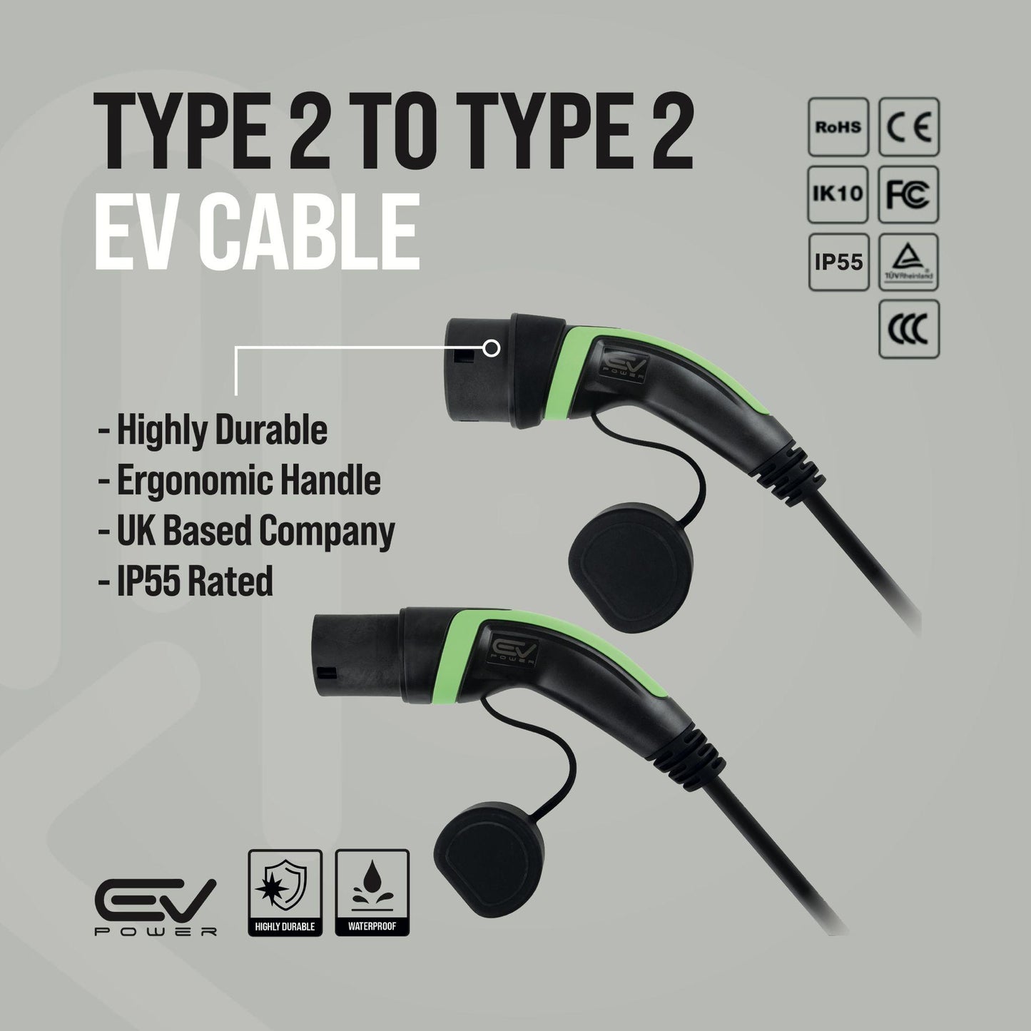 Type 2 To Type 2 EV Charging Cable; 32A Charger; 5 Metre Charging